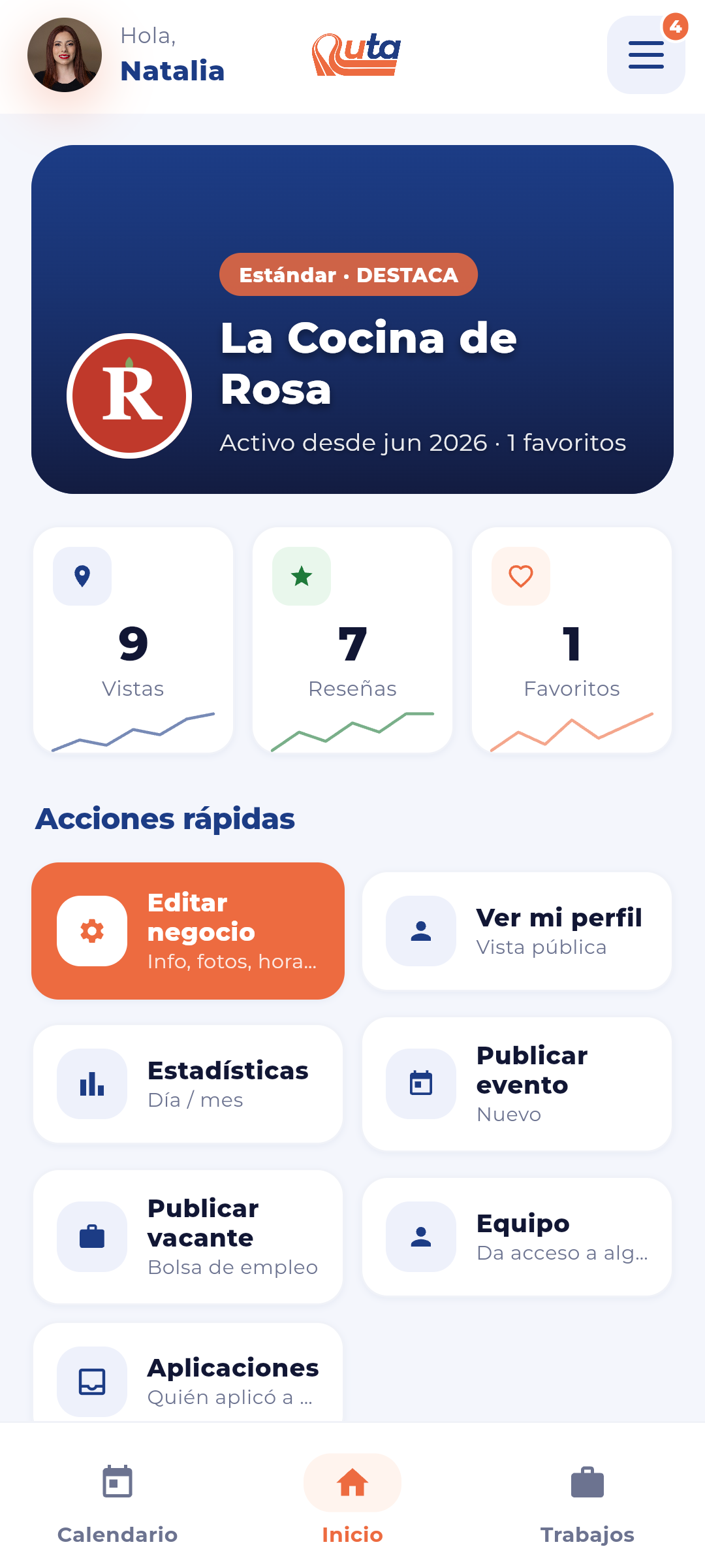 Panel del negocio en la app de Ruta