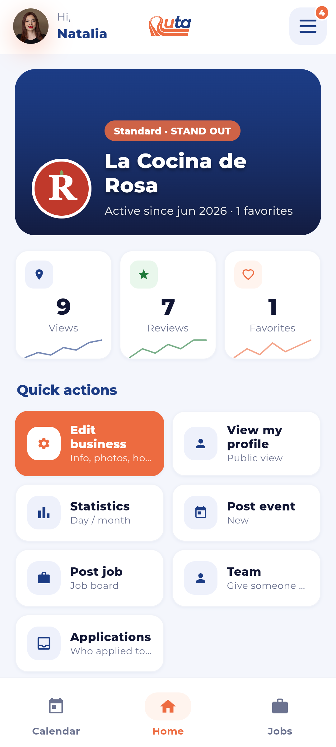 Business dashboard in the Ruta app